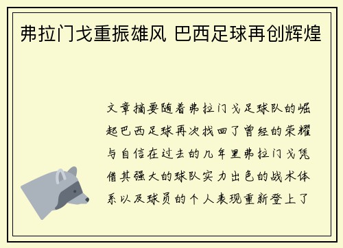 弗拉门戈重振雄风 巴西足球再创辉煌