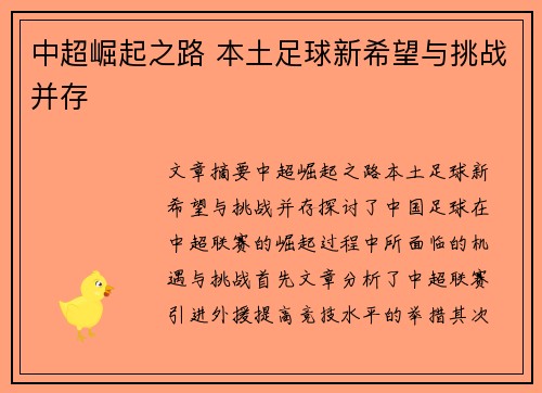 中超崛起之路 本土足球新希望与挑战并存